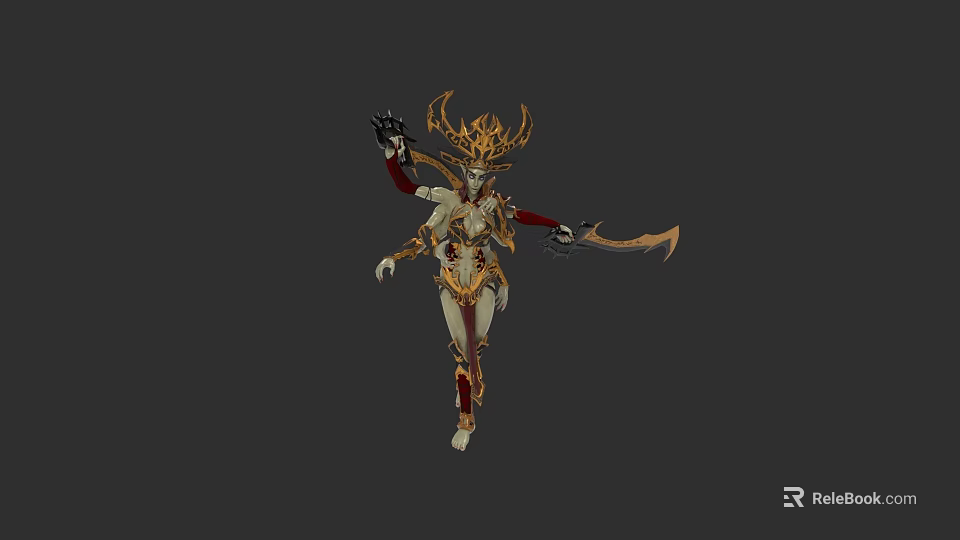 Mythical Humanoid Warrior With Golden Crown Red Accents Ornate Armor And Weapon 3d model 