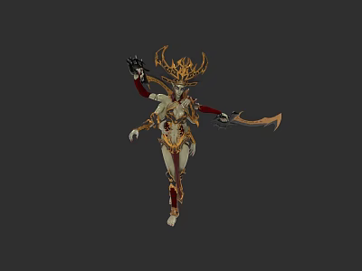 Mythical Humanoid Warrior With Golden Crown Red Accents Ornate Armor And Weapon 3d model