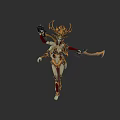 Mythical Humanoid Warrior With Golden Crown Red Accents Ornate Armor And Weapon
