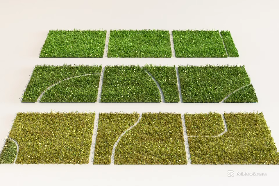 Green Grass Turf With Various Patterns And Curved Lines Arranged In Rows 3d model 