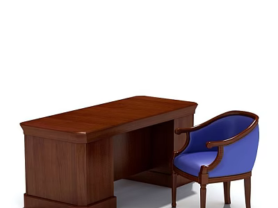 Sturdy Solid Wood Desk and Comfortable Blue Upholstered Armchair Set 3d model