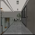 Modern Elevator Hallway Design With Glass Railing Ceiling Lights Green Plant And Gray Tiled Floor