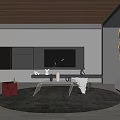 Elegant Modern Living Room Interior With Round Rug Glass Coffee Table And TV Wall