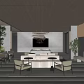 Modern Sales Office Interior With Luxury Sofa Green Plants And Chandelier