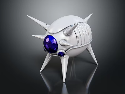 White Spiky Mechanical Creature With Blue Orb Eyes And Sharp Legs On Dark Surface 3d model