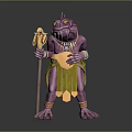 Fantasy Game Movie Character Purple Skinned Creature With Large Eyes Holding Staff And Golden Container