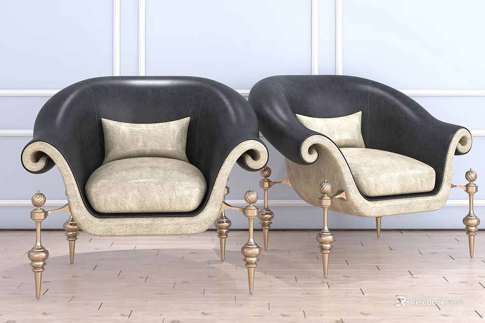 Black And Beige Armchair With Curved Armrests Golden Legs On Wooden Floor 3d model 
