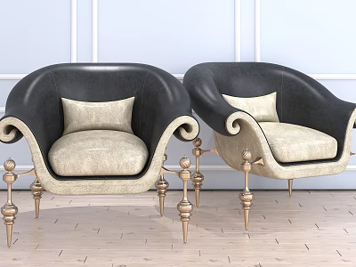 Black And Beige Armchair With Curved Armrests Golden Legs On Wooden Floor 3d model