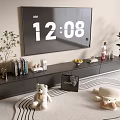 Modern Black TV Stand With Wall Mounted TV Books Decorations Plants And Plush Toys