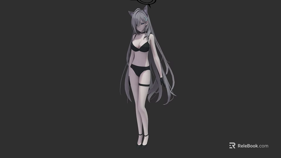 Game Movie Character With Cat Ears Black Bikini Long Hair Black Gloves High Heels 3d model 