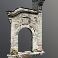 Traditional Stone Entrance Gate With Arched Design Tile Decorations And Mossy Base