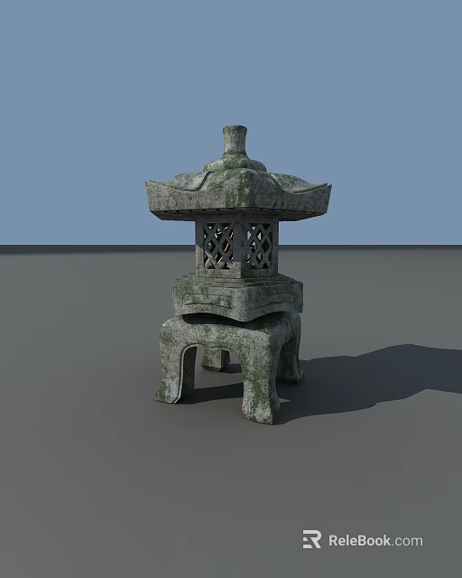 Traditional Stone Outdoor Lantern With Pagoda Style Top Lattice Details And Pedestal Base 3d model 