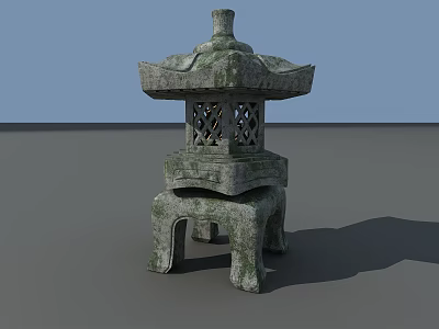 Traditional Stone Outdoor Lantern With Pagoda Style Top Lattice Details And Pedestal Base 3d model