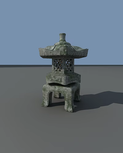 Traditional Stone Outdoor Lantern With Pagoda Style Top Lattice Details And Pedestal Base 3d model