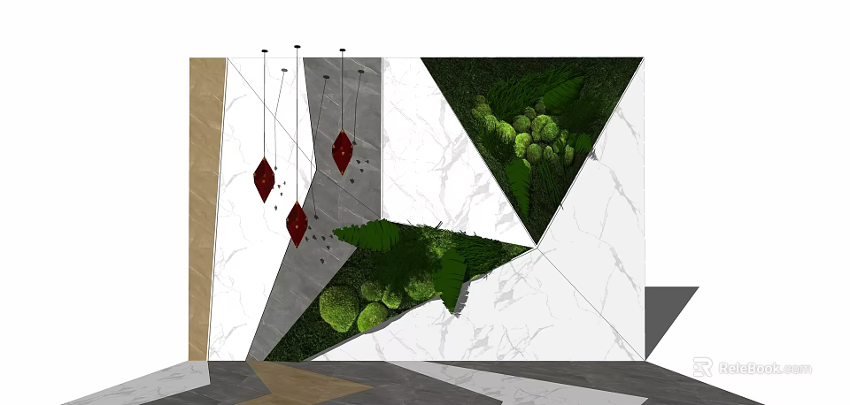 Lush Green Plant Wall With Geometric Design On White Marble Background 3d model 