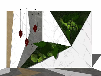 Lush Green Plant Wall With Geometric Design On White Marble Background 3d model