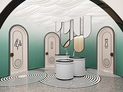 Modern Public Restroom With Multiple Stall Doors Wavy Ceiling Round Sinks And Striped Floor 3d model