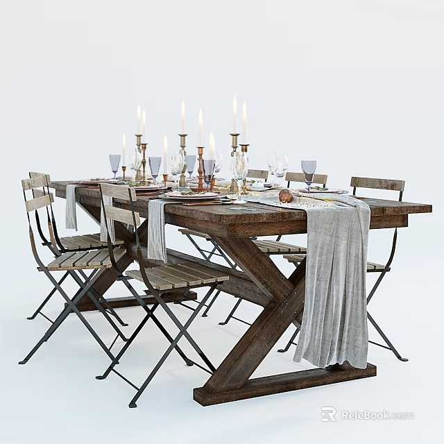 Rustic Wooden Dining Table And Chairs Set With Candles Wine Glasses And Table Runner 3d model 
