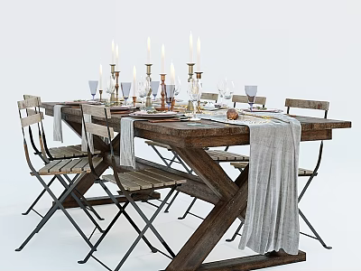 Rustic Wooden Dining Table And Chairs Set With Candles Wine Glasses And Table Runner 3d model