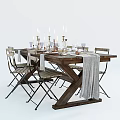 Rustic Wooden Dining Table And Chairs Set With Candles Wine Glasses And Table Runner