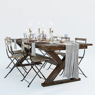 Rustic Wooden Dining Table And Chairs Set With Candles Wine Glasses And Table Runner 3d model