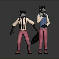 Two Wolf Characters Wearing Pink Striped Pants White Shirts Blue Vests Black Gloves With Tails