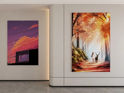 Modern Wall Paintings Featuring Urban Sunset Scene And Forest Path With People And Deer 3d model