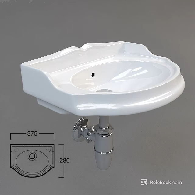 Modern White Ceramic Wall Mounted Washbasin With Faucet Fixture And Dimensions 375x280 3d model 