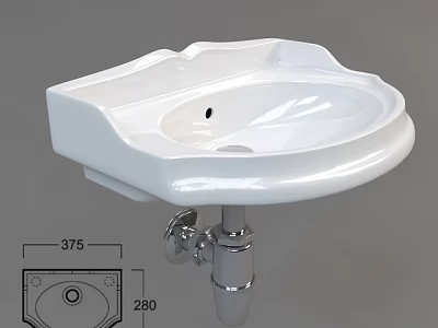 Modern White Ceramic Wall Mounted Washbasin With Faucet Fixture And Dimensions 375x280 3d model