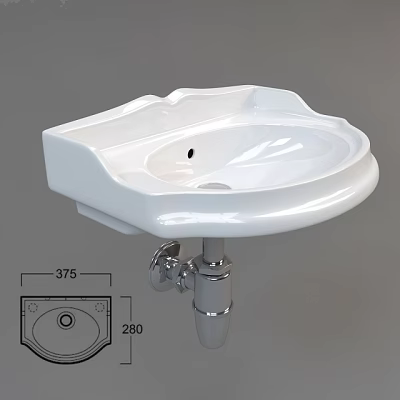 Modern White Ceramic Wall Mounted Washbasin With Faucet Fixture And Dimensions 375x280 3d model