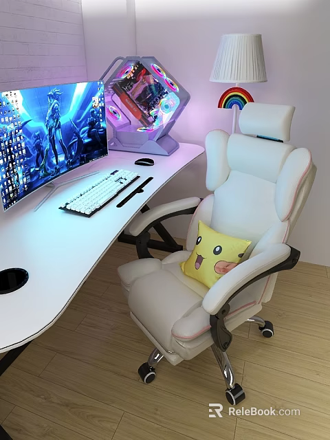 Game Room With White Gaming Chair And Computer Setup 3d model