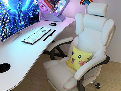 Game Room With White Gaming Chair And Computer Setup 3d model