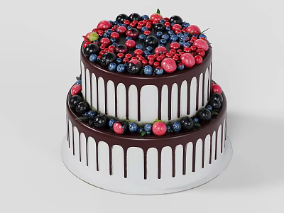 Delicious Two Tier Cake With Chocolate Drizzle Fresh Berries Topping And White Base 3d model