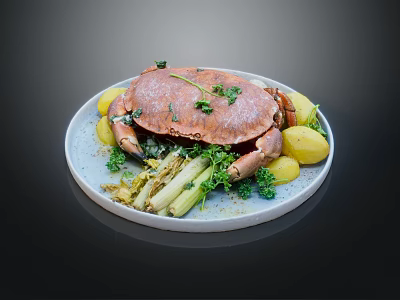 Steamed Crab Served On White Plate With Potatoes Asparagus And Fresh Herbs 3d model