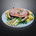 Steamed Crab Served On White Plate With Potatoes Asparagus And Fresh Herbs
