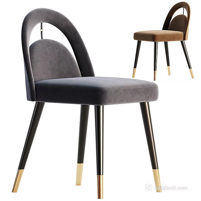 Modern Gray Brown Accent Chairs with Velvet Upholstery Black Gold Metal Legs 3d model 