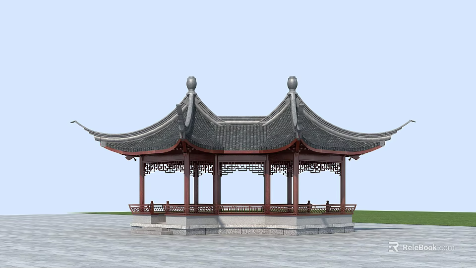 Traditional Chinese Pavilion Featuring Curved Overhanging Eaves Tiled Roof And Carved Railings 3d model 