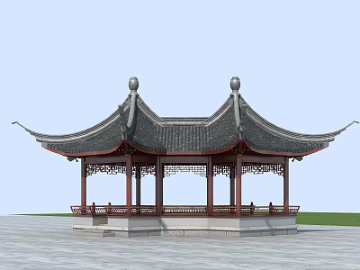 Traditional Chinese Pavilion Featuring Curved Overhanging Eaves Tiled Roof And Carved Railings 3d model