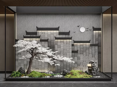 Chinese Style Garden Ornament with White Flowering Pine Rockery Moss and Stones 3d model