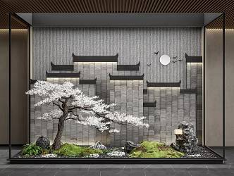 New Chinese Style Courtyard Sparklet Indoor Landscape Pine Plant Combination Eaves Background Wall Horse Head Wall 3d model