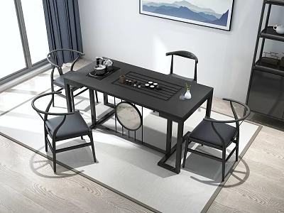 Modern Minimalist Black Tea Table and Chairs with Tea Set Near Window and Mountain Painting 3d model