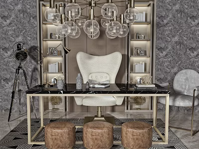 Modern Elegant Desk With White Chair Glass Chandelier And Bookshelves 3d model
