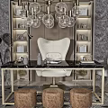 Modern Elegant Desk With White Chair Glass Chandelier And Bookshelves