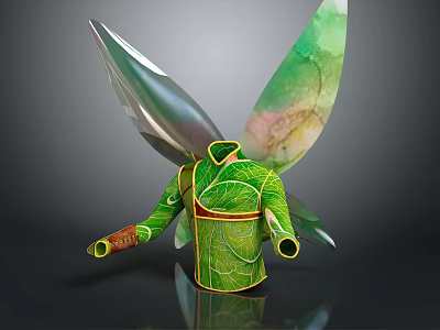 Fairy Character Wearing Leaf Costume With Transparent Green Wings And Natural Details 3d model
