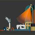 Vibrant Colorful Cartoon Scene With Geometric Shapes Chairs Plant And Lamps