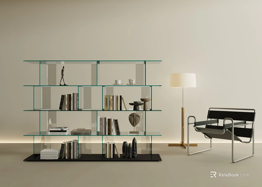 Modern Glass Bookshelf Interior With Open Shelves Books And Decorative Objects 3d model 
