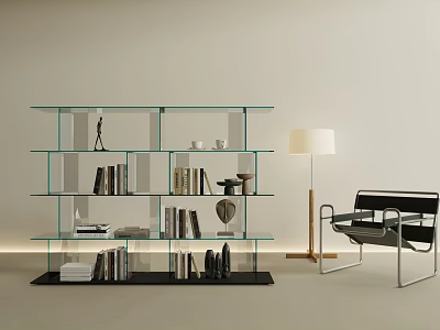 Modern Glass Bookshelf Interior With Open Shelves Books And Decorative Objects 3d model