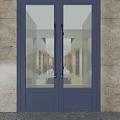 Modern Double Doors With Glass Panels And Gray Frame In Stone Wall Entrance