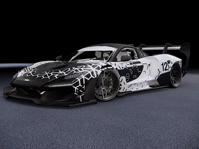Black And White Race Car With Patterned Body 125 Number And Sleek Design 3d model