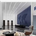 Spacious Modern Lobby Front Desk Reception With HCE Logo World Map Wall Sofas Coffee Table 3d model